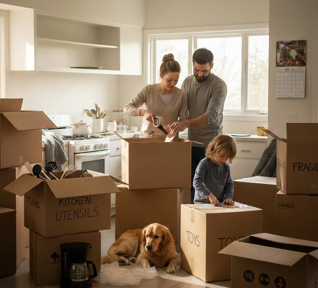 Family following a packing checklist for moving house